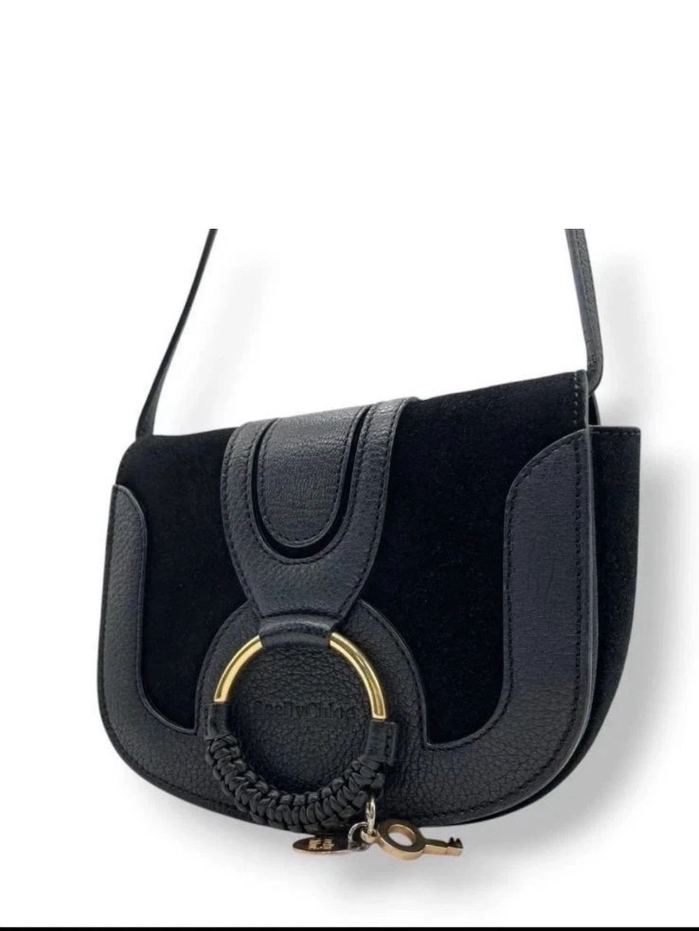 See by Chloe Black Suede & Leather Crossbody Bag with Gold Ring Accent